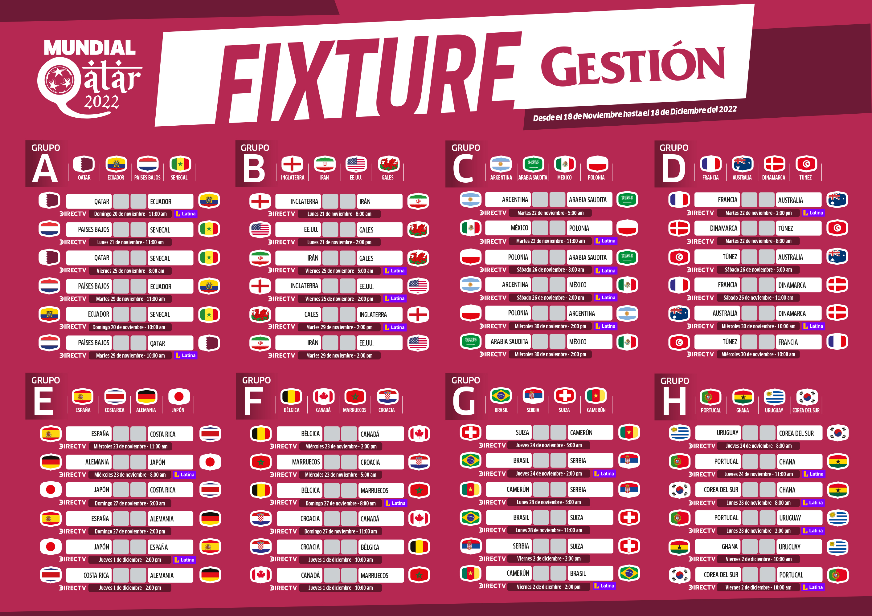 Mundial Qatar 2022, fixture: descarga, imprime y revisa los 64 partidos, calendario y programación de la Copa de la FIFA.